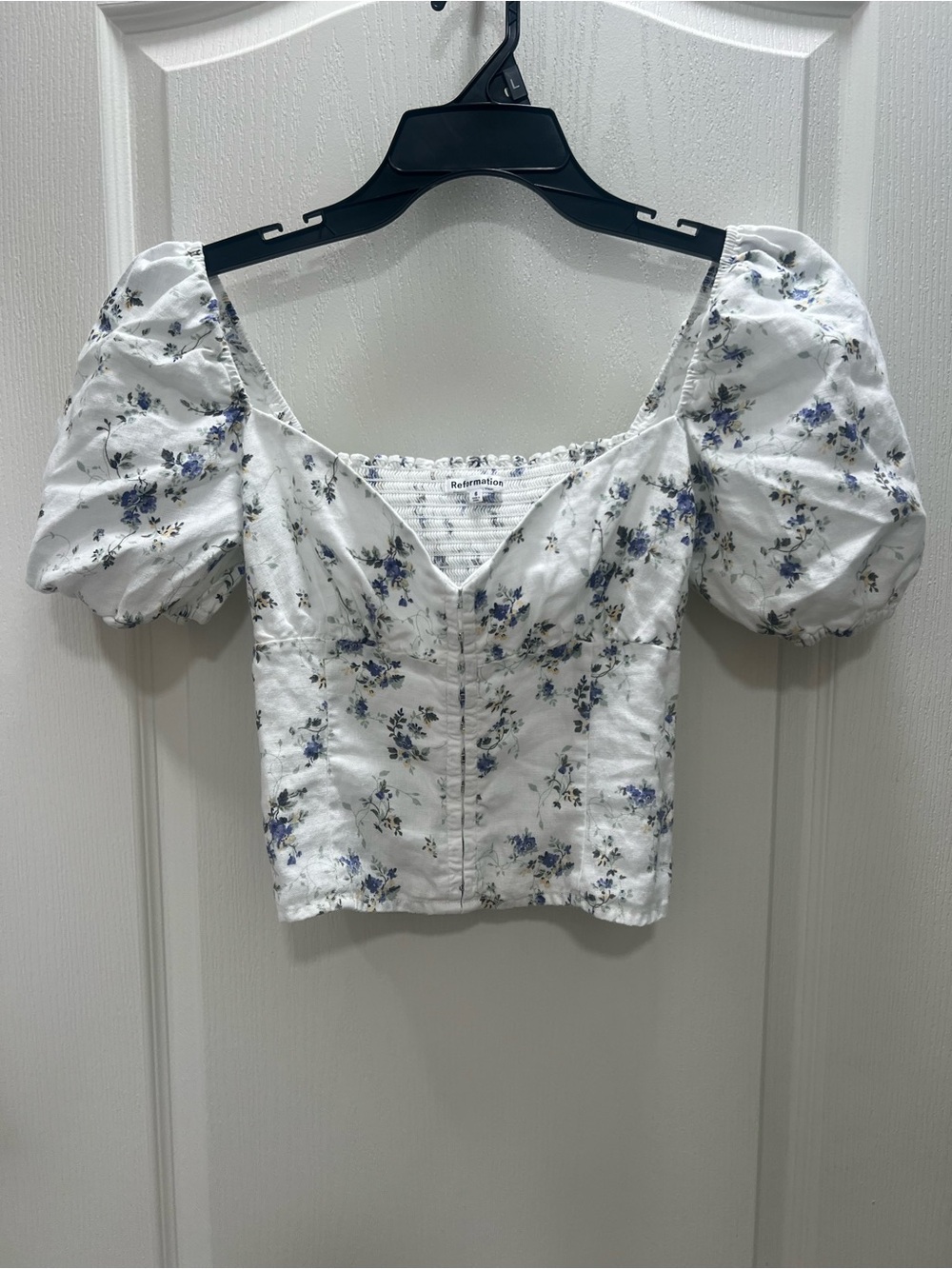 Reformation White Cotton Floral Square-Neck Puff Sleeve Crop Top